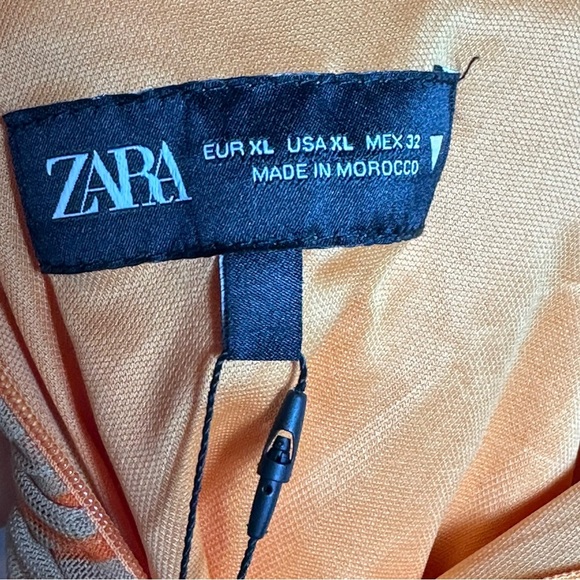 Zara Draped printed orange tulle Elegant Peach Spaghetti Strap Dress XL NWT - Picture 11 of 12